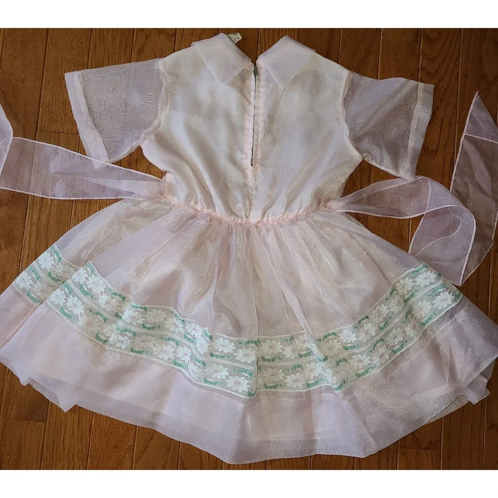 Vtg Rare 1950s Lil Bee Frockette Girls Pink Lining Lace Sheer Belted Dress Sz 5